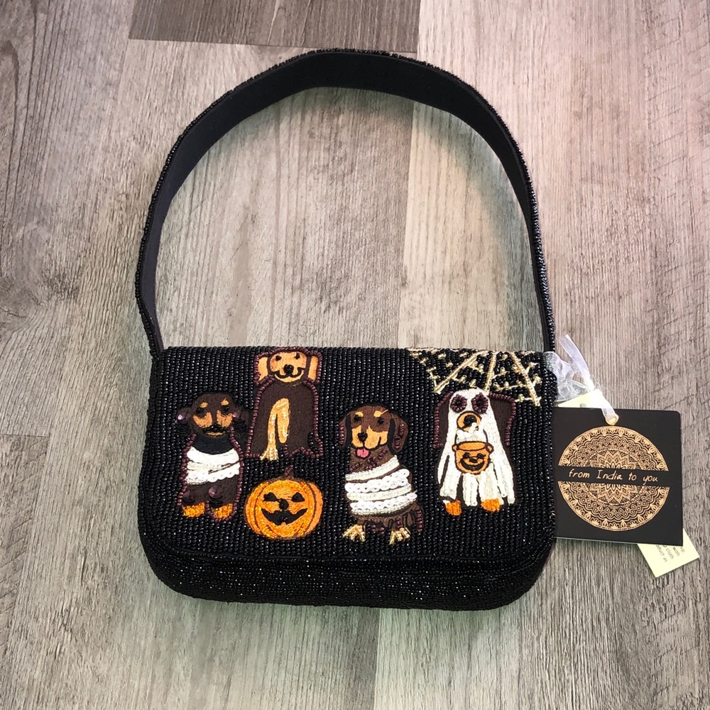 From India To You Black Hand Beaded Dachshund Dog In Costume Shoulder Bag NWT